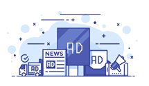 small graphic of various ad types - truck billboard, newspaper, billboard and megaphone | Contact VIEWS Digital Marketing for social media paid advertising